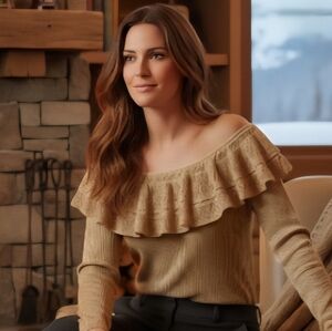 Lauren Ralph Lauren Gold Metallic Sweater Small Ruffle Crochet Pointelle Collar